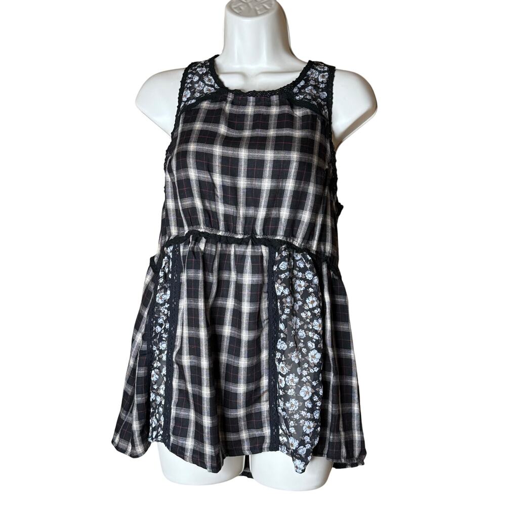 POL Boho Black White Plaid and Floral Sleeveless Top New S